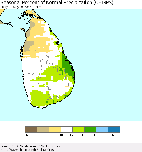Sri Lanka Seasonal Percent of Normal Precipitation (CHIRPS) Thematic Map For 5/1/2022 - 8/10/2022
