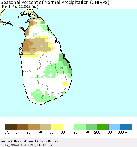Sri Lanka Seasonal Percent of Normal Precipitation (CHIRPS) Thematic Map For 5/1/2022 - 8/20/2022