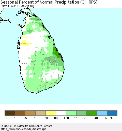 Sri Lanka Seasonal Percent of Normal Precipitation (CHIRPS) Thematic Map For 5/1/2022 - 8/31/2022