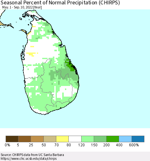 Sri Lanka Seasonal Percent of Normal Precipitation (CHIRPS) Thematic Map For 5/1/2022 - 9/10/2022