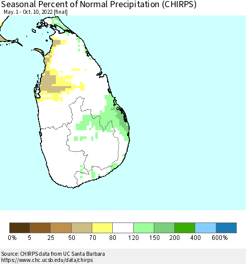 Sri Lanka Seasonal Percent of Normal Precipitation (CHIRPS) Thematic Map For 5/1/2022 - 10/10/2022