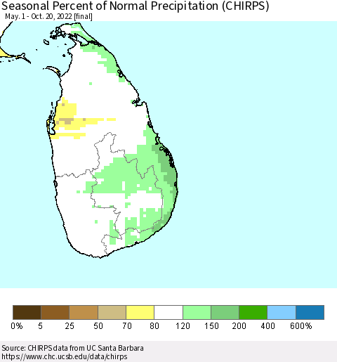 Sri Lanka Seasonal Percent of Normal Precipitation (CHIRPS) Thematic Map For 5/1/2022 - 10/20/2022