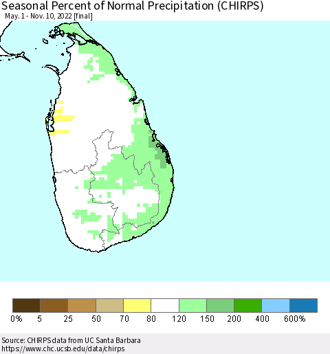 Sri Lanka Seasonal Percent of Normal Precipitation (CHIRPS) Thematic Map For 5/1/2022 - 11/10/2022