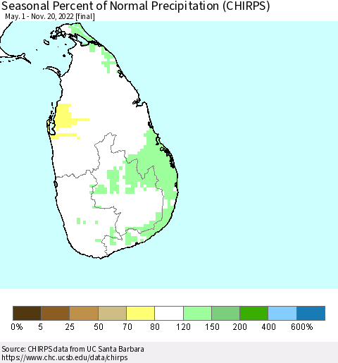 Sri Lanka Seasonal Percent of Normal Precipitation (CHIRPS) Thematic Map For 5/1/2022 - 11/20/2022