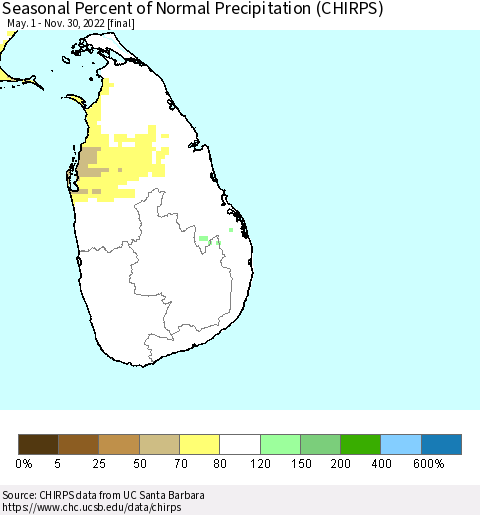 Sri Lanka Seasonal Percent of Normal Precipitation (CHIRPS) Thematic Map For 5/1/2022 - 11/30/2022
