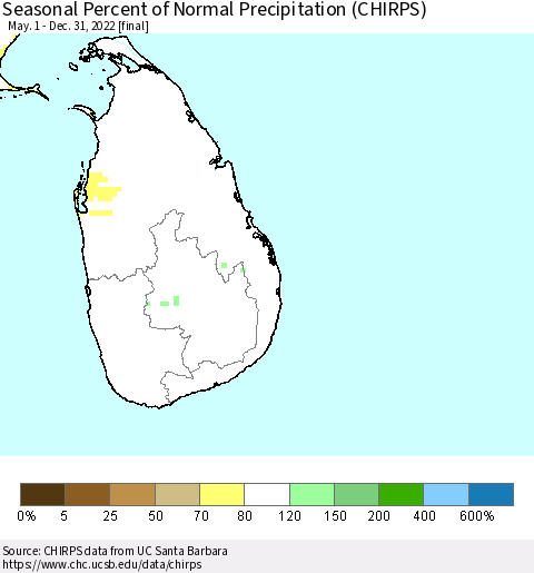 Sri Lanka Seasonal Percent of Normal Precipitation (CHIRPS) Thematic Map For 5/1/2022 - 12/31/2022