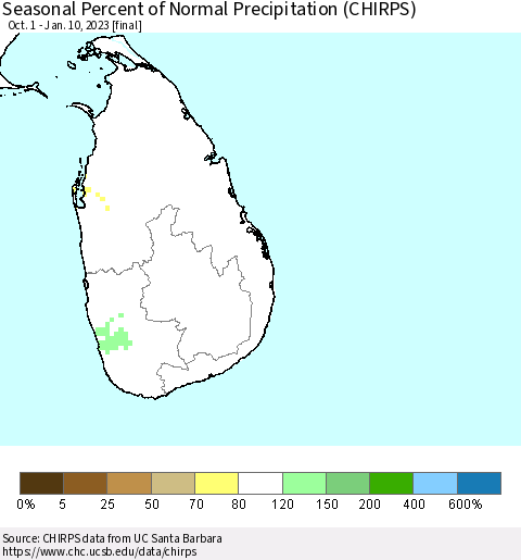 Sri Lanka Seasonal Percent of Normal Precipitation (CHIRPS) Thematic Map For 10/1/2022 - 1/10/2023
