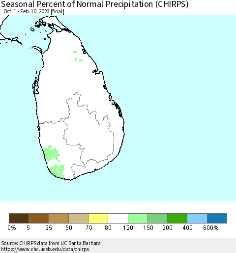 Sri Lanka Seasonal Percent of Normal Precipitation (CHIRPS) Thematic Map For 10/1/2022 - 2/10/2023
