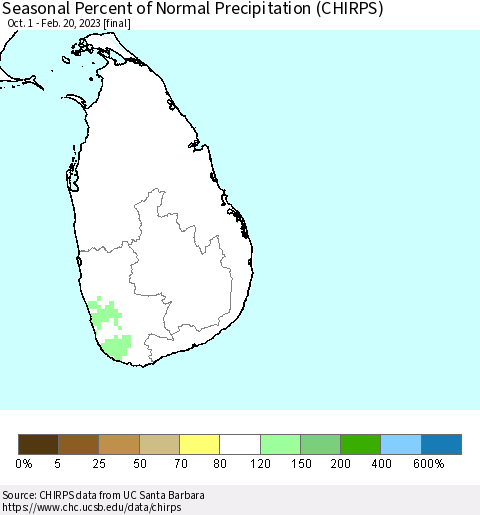 Sri Lanka Seasonal Percent of Normal Precipitation (CHIRPS) Thematic Map For 10/1/2022 - 2/20/2023