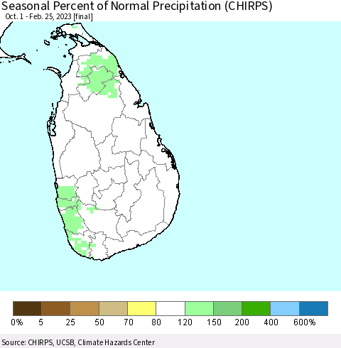 Sri Lanka Seasonal Percent of Normal Precipitation (CHIRPS) Thematic Map For 10/1/2022 - 2/25/2023