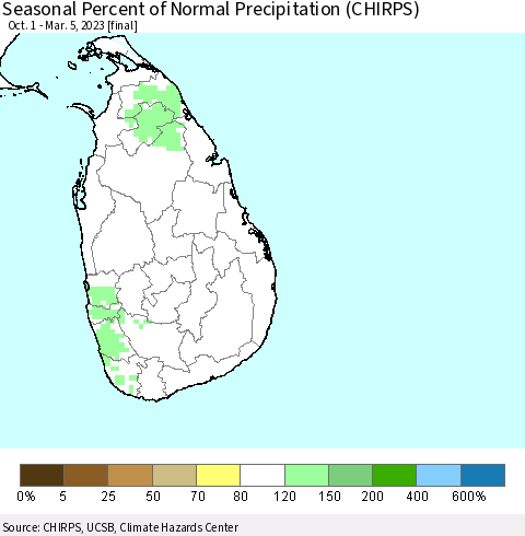 Sri Lanka Seasonal Percent of Normal Precipitation (CHIRPS) Thematic Map For 10/1/2022 - 3/5/2023