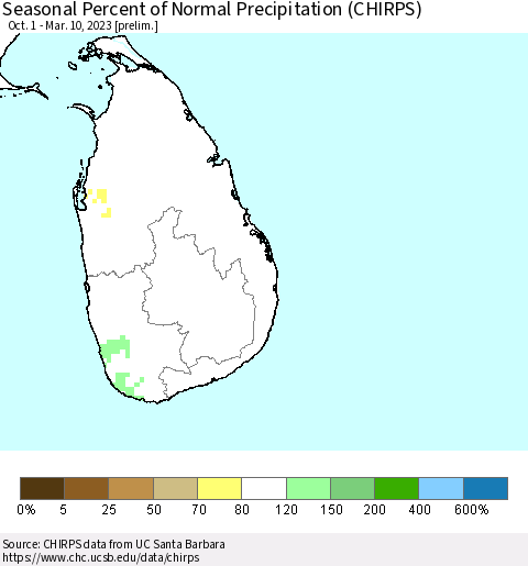 Sri Lanka Seasonal Percent of Normal Precipitation (CHIRPS) Thematic Map For 10/1/2022 - 3/10/2023