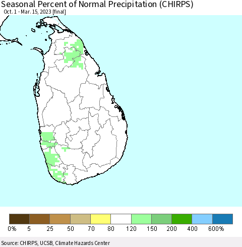 Sri Lanka Seasonal Percent of Normal Precipitation (CHIRPS) Thematic Map For 10/1/2022 - 3/15/2023