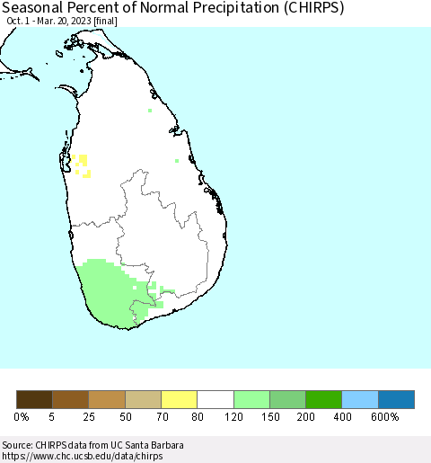 Sri Lanka Seasonal Percent of Normal Precipitation (CHIRPS) Thematic Map For 10/1/2022 - 3/20/2023