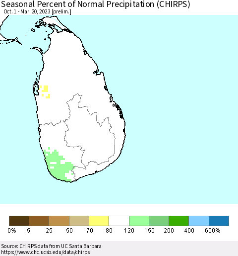 Sri Lanka Seasonal Percent of Normal Precipitation (CHIRPS) Thematic Map For 10/1/2022 - 3/20/2023