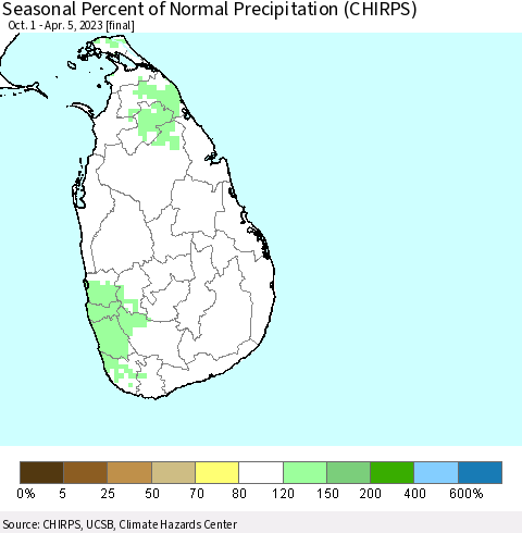 Sri Lanka Seasonal Percent of Normal Precipitation (CHIRPS) Thematic Map For 10/1/2022 - 4/5/2023