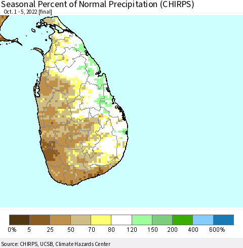 Sri Lanka Seasonal Percent of Normal Precipitation (CHIRPS) Thematic Map For 10/1/2022 - 10/5/2022