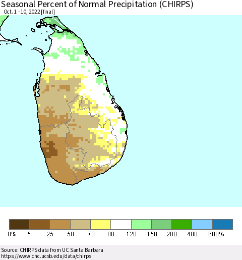 Sri Lanka Seasonal Percent of Normal Precipitation (CHIRPS) Thematic Map For 10/1/2022 - 10/10/2022