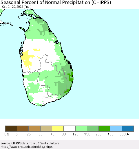 Sri Lanka Seasonal Percent of Normal Precipitation (CHIRPS) Thematic Map For 10/1/2022 - 10/20/2022