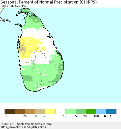 Sri Lanka Seasonal Percent of Normal Precipitation (CHIRPS) Thematic Map For 10/1/2022 - 10/31/2022