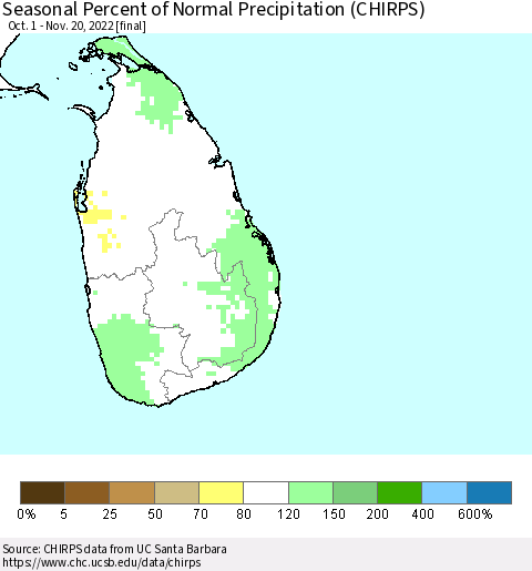 Sri Lanka Seasonal Percent of Normal Precipitation (CHIRPS) Thematic Map For 10/1/2022 - 11/20/2022