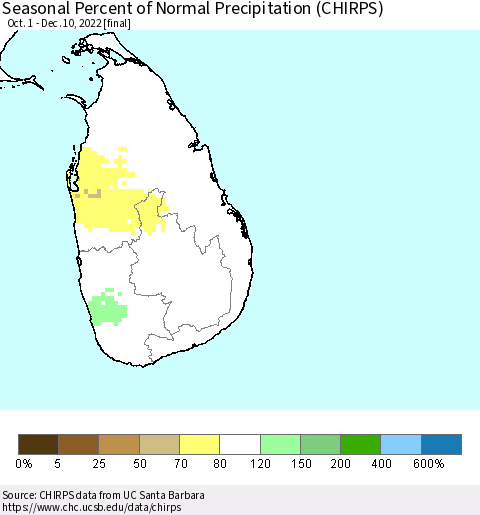 Sri Lanka Seasonal Percent of Normal Precipitation (CHIRPS) Thematic Map For 10/1/2022 - 12/10/2022