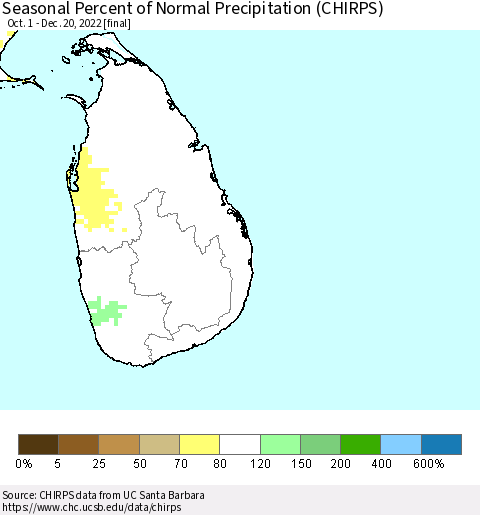 Sri Lanka Seasonal Percent of Normal Precipitation (CHIRPS) Thematic Map For 10/1/2022 - 12/20/2022