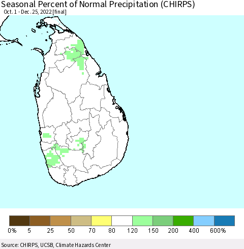Sri Lanka Seasonal Percent of Normal Precipitation (CHIRPS) Thematic Map For 10/1/2022 - 12/25/2022