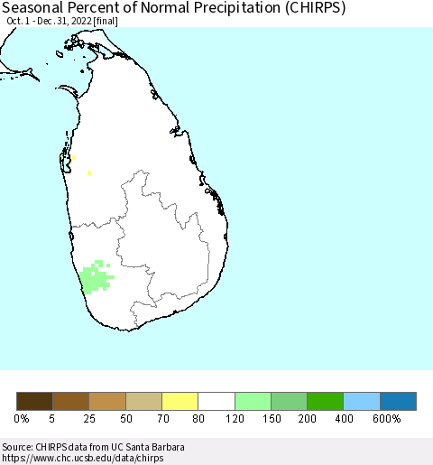 Sri Lanka Seasonal Percent of Normal Precipitation (CHIRPS) Thematic Map For 10/1/2022 - 12/31/2022