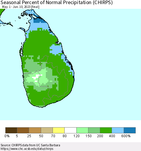 Sri Lanka Seasonal Percent of Normal Precipitation (CHIRPS) Thematic Map For 5/1/2023 - 6/10/2023