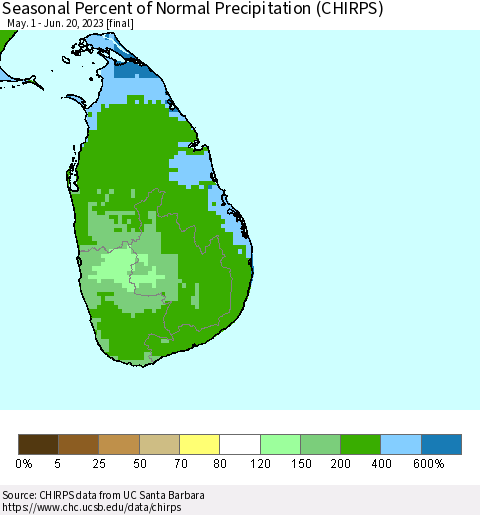 Sri Lanka Seasonal Percent of Normal Precipitation (CHIRPS) Thematic Map For 5/1/2023 - 6/20/2023