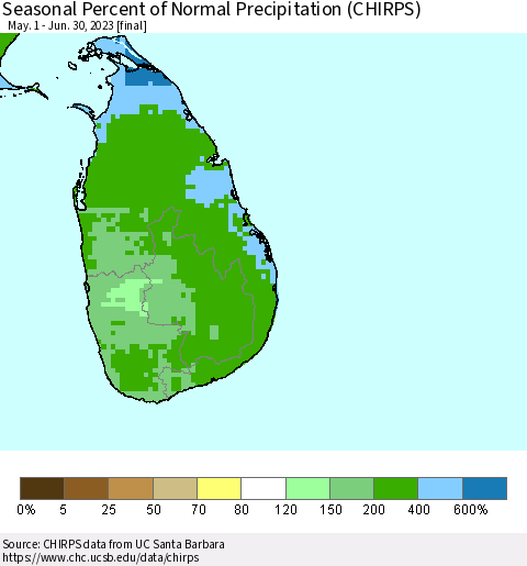 Sri Lanka Seasonal Percent of Normal Precipitation (CHIRPS) Thematic Map For 5/1/2023 - 6/30/2023