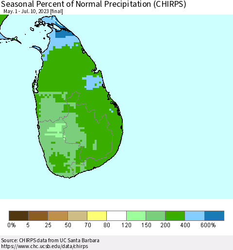 Sri Lanka Seasonal Percent of Normal Precipitation (CHIRPS) Thematic Map For 5/1/2023 - 7/10/2023