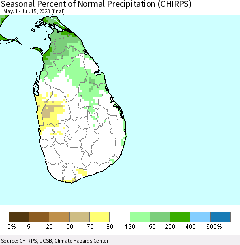 Sri Lanka Seasonal Percent of Normal Precipitation (CHIRPS) Thematic Map For 5/1/2023 - 7/15/2023