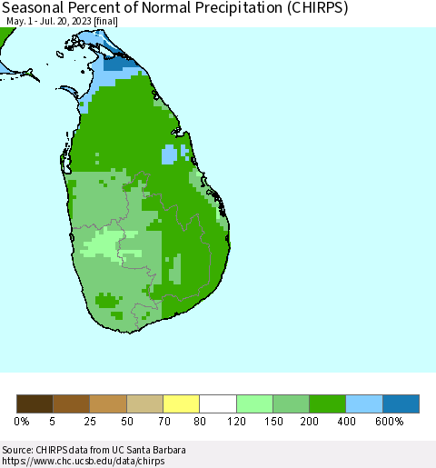 Sri Lanka Seasonal Percent of Normal Precipitation (CHIRPS) Thematic Map For 5/1/2023 - 7/20/2023