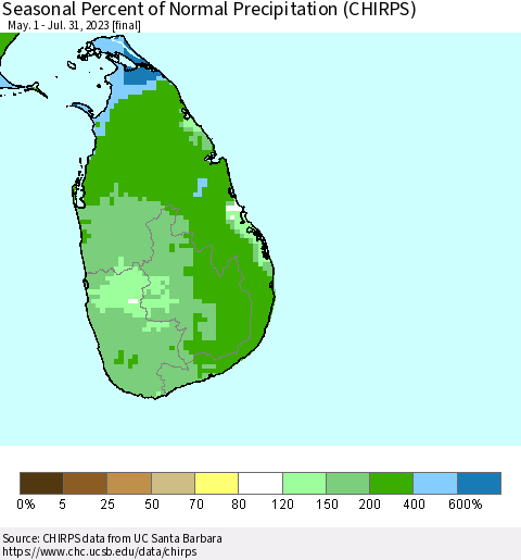 Sri Lanka Seasonal Percent of Normal Precipitation (CHIRPS) Thematic Map For 5/1/2023 - 7/31/2023