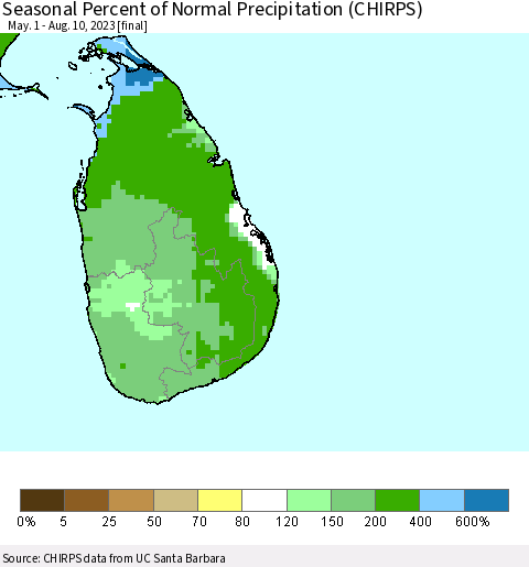 Sri Lanka Seasonal Percent of Normal Precipitation (CHIRPS) Thematic Map For 5/1/2023 - 8/10/2023