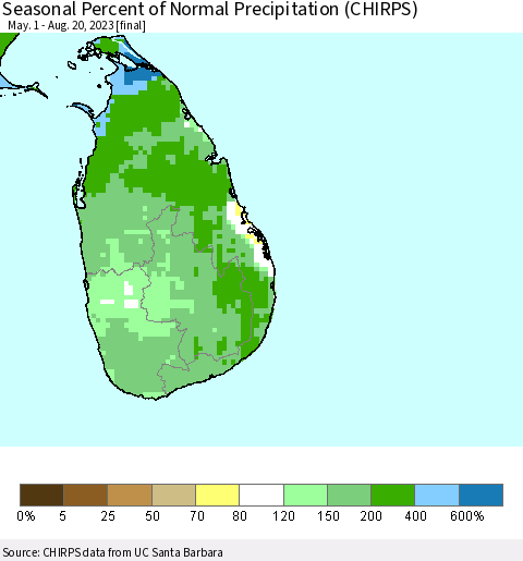 Sri Lanka Seasonal Percent of Normal Precipitation (CHIRPS) Thematic Map For 5/1/2023 - 8/20/2023