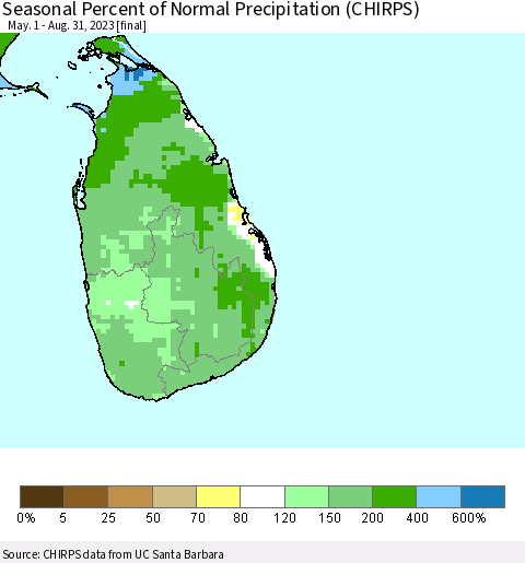 Sri Lanka Seasonal Percent of Normal Precipitation (CHIRPS) Thematic Map For 5/1/2023 - 8/31/2023