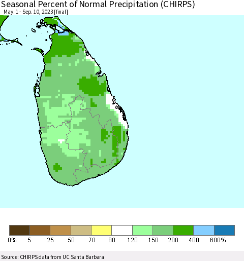 Sri Lanka Seasonal Percent of Normal Precipitation (CHIRPS) Thematic Map For 5/1/2023 - 9/10/2023