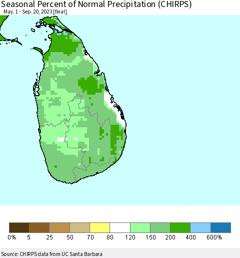Sri Lanka Seasonal Percent of Normal Precipitation (CHIRPS) Thematic Map For 5/1/2023 - 9/20/2023