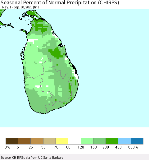 Sri Lanka Seasonal Percent of Normal Precipitation (CHIRPS) Thematic Map For 5/1/2023 - 9/30/2023
