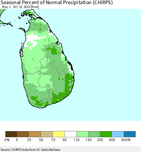 Sri Lanka Seasonal Percent of Normal Precipitation (CHIRPS) Thematic Map For 5/1/2023 - 10/10/2023