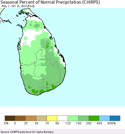 Sri Lanka Seasonal Percent of Normal Precipitation (CHIRPS) Thematic Map For 5/1/2023 - 10/31/2023