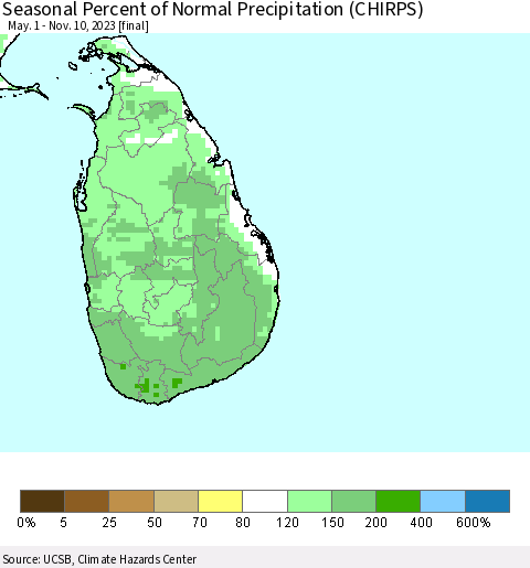 Sri Lanka Seasonal Percent of Normal Precipitation (CHIRPS) Thematic Map For 5/1/2023 - 11/10/2023