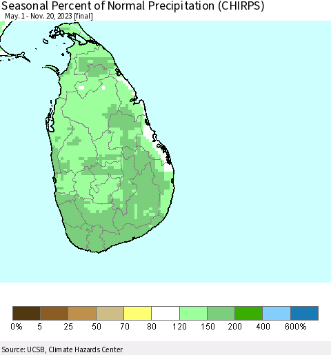 Sri Lanka Seasonal Percent of Normal Precipitation (CHIRPS) Thematic Map For 5/1/2023 - 11/20/2023