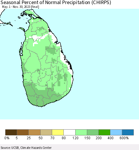 Sri Lanka Seasonal Percent of Normal Precipitation (CHIRPS) Thematic Map For 5/1/2023 - 11/30/2023