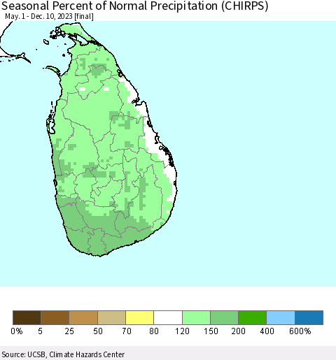 Sri Lanka Seasonal Percent of Normal Precipitation (CHIRPS) Thematic Map For 5/1/2023 - 12/10/2023