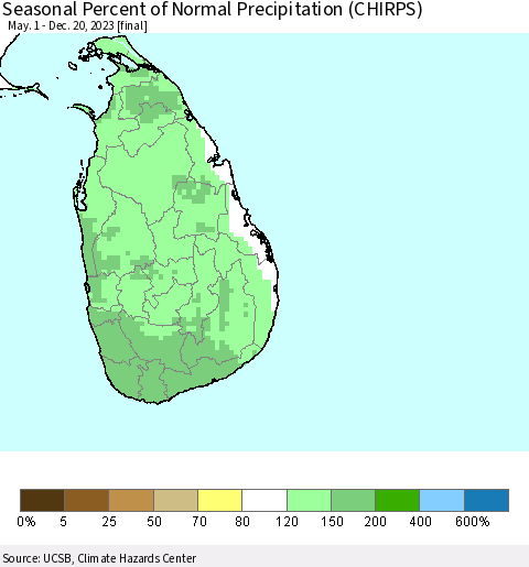 Sri Lanka Seasonal Percent of Normal Precipitation (CHIRPS) Thematic Map For 5/1/2023 - 12/20/2023