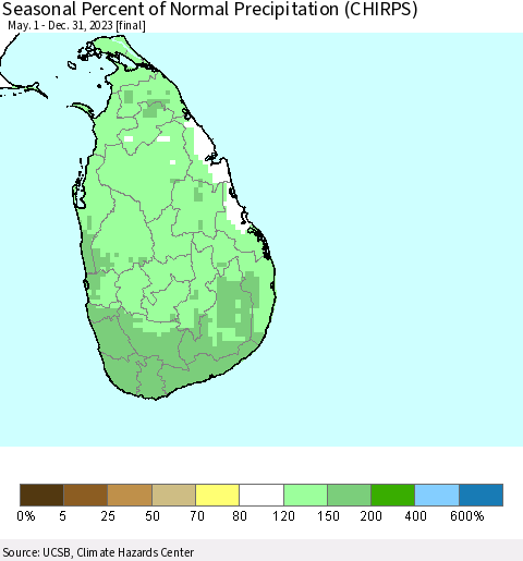 Sri Lanka Seasonal Percent of Normal Precipitation (CHIRPS) Thematic Map For 5/1/2023 - 12/31/2023